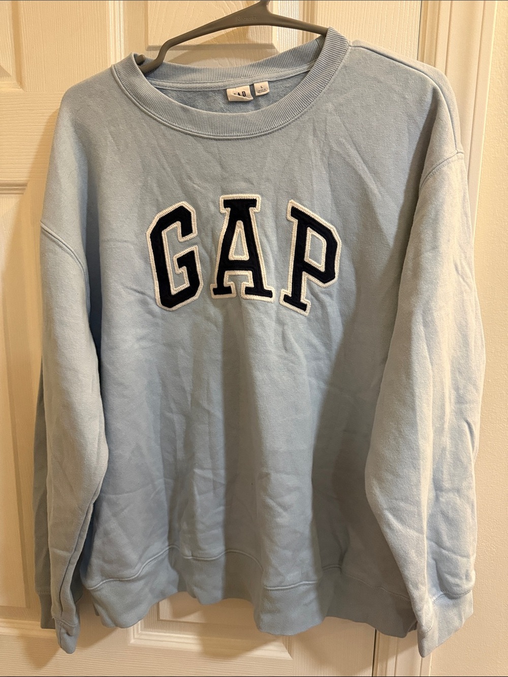 GAP Men's Pale Blue Crewneck Sweatshirt with Navy Logo